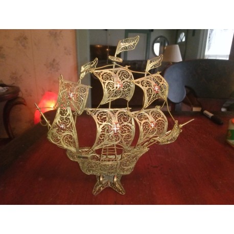 Vintage Brass Portuguese Filigree Caravel Ship